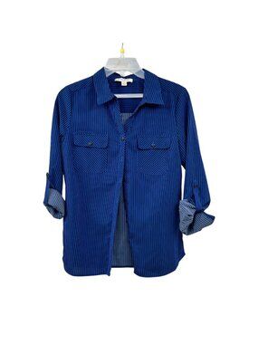 Studio Works Womens Striped Button Up Top Roll Tab Sleeve Blue/Black Size PM